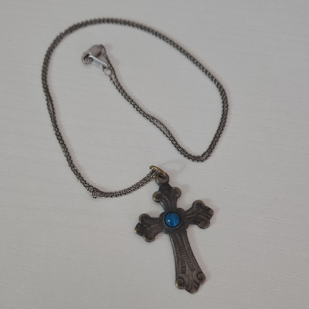 Elegant Silver Cross Necklace with Blue Accent